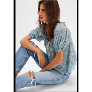 Free People Astra Floral Peasant Top Size Medium Puff Sleeve Sheer